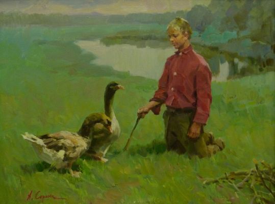 Arkady Vasilievich Soroka | Boy with Geese | Vail Fine Art Uncrated